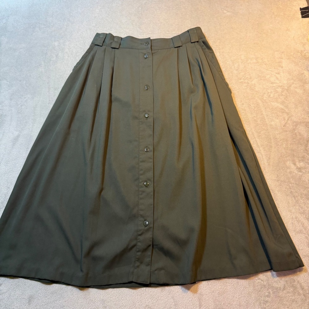 Vintage‎ Minimalist Olive Button Front Midi Skirt Pleated High Waist 90s 32/18W